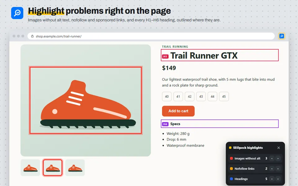 A product page with an image missing alt text outlined in red and the H1 and H4 headings labelled by the SEOpeck extension
