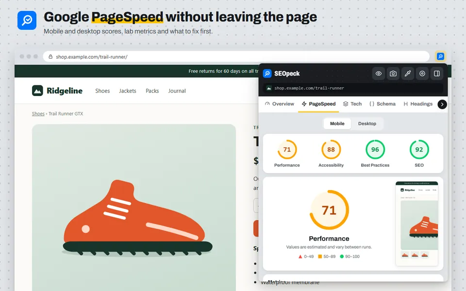 The PageSpeed tab of the SEOpeck extension with mobile scores for Performance, Accessibility, Best Practices and SEO